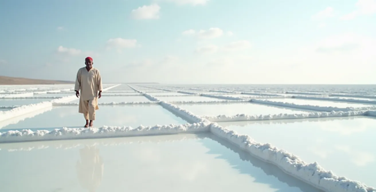 Environmental view of salt harvester working in geometric salt pans with minimalist composition