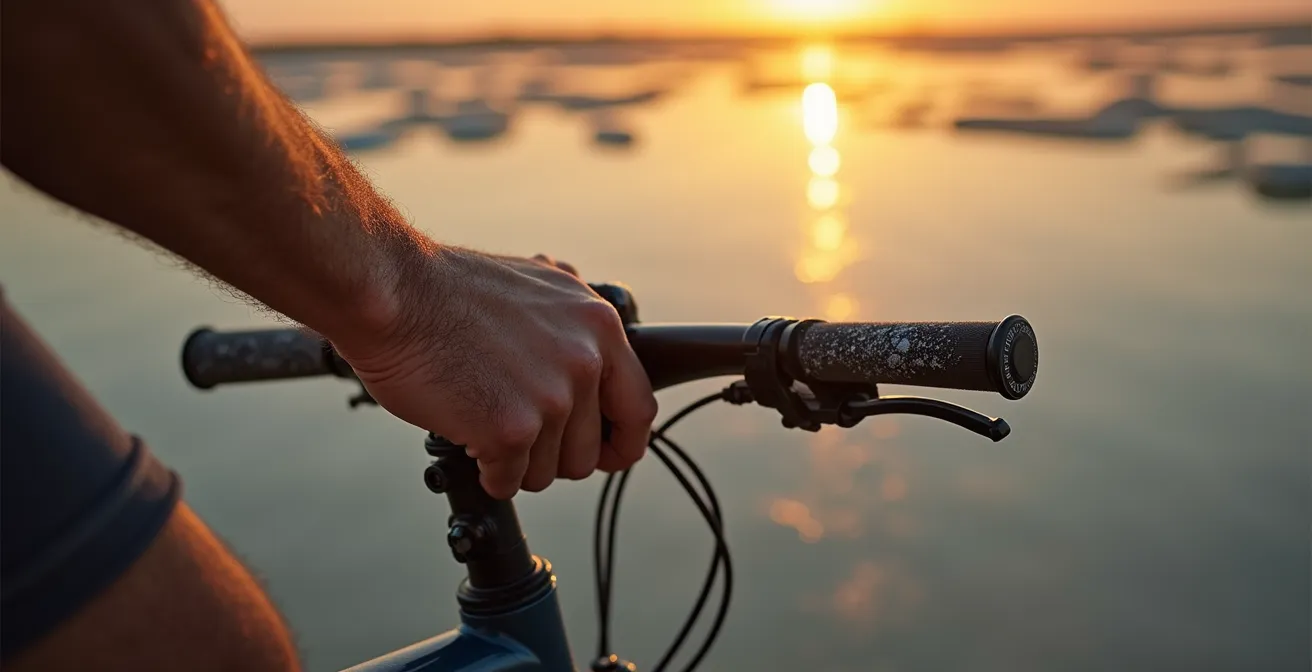 Close-up of cyclist's hands on handlebars traversing Île de Ré salt marshes at sunset