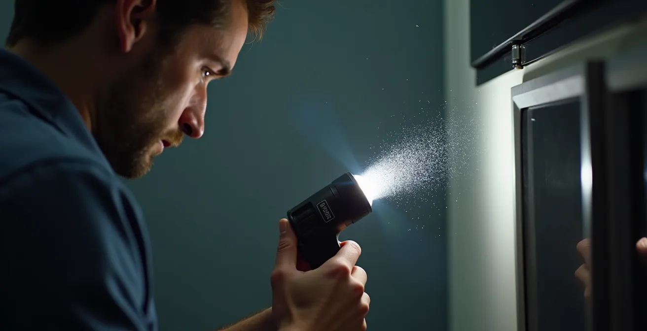 Professional inspector examining hidden area behind appliance with flashlight