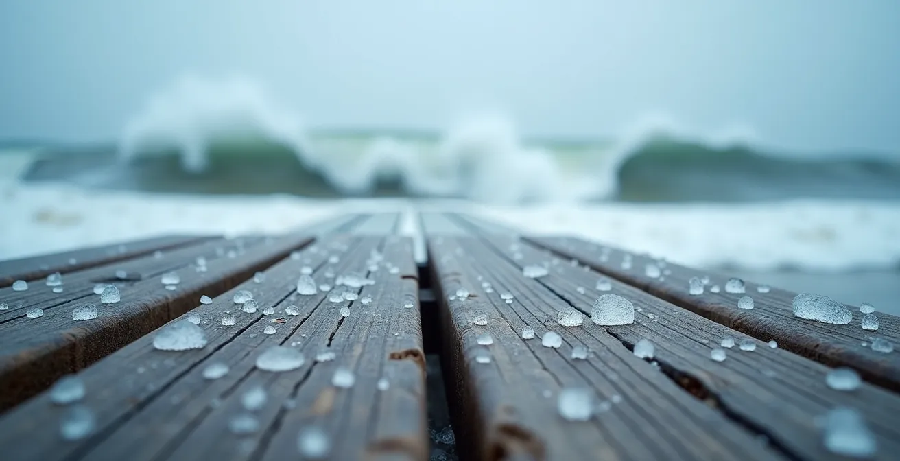 Macro detail of weathered villa terrace wood with Atlantic winter storm waves in background