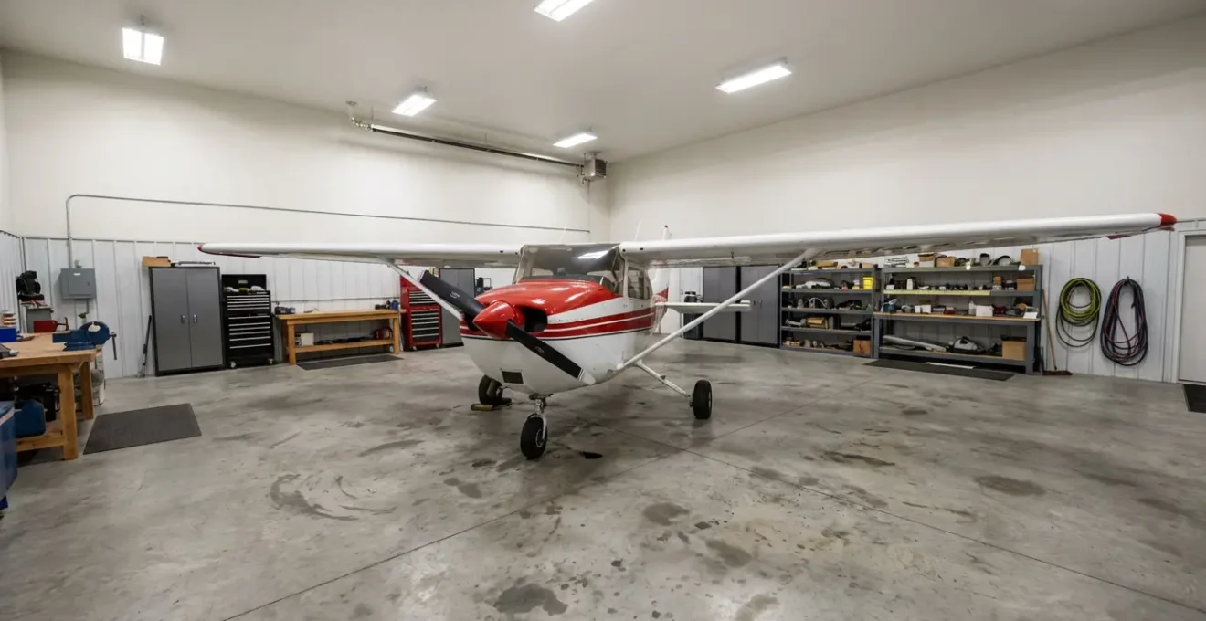 Single-engine aircraft parked inside clean hangar showing protected storage