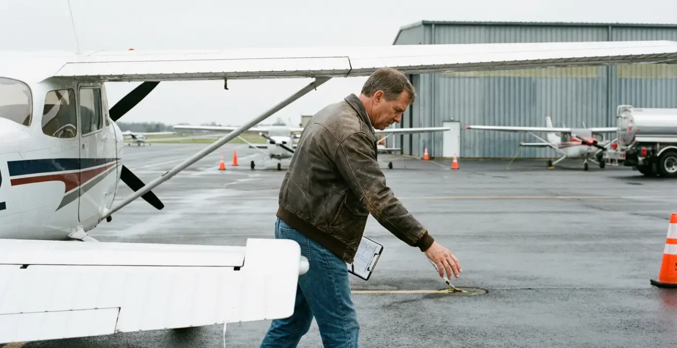 Private pilot performing preflight inspection of single-engine aircraft on tarmac