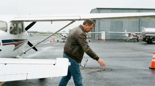 Private pilot performing preflight inspection of single-engine aircraft on tarmac