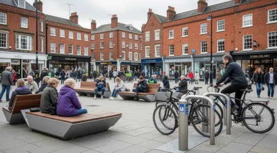 Urban furniture transforms public spaces in busy UK town centre with benches and cycle stands in active use
