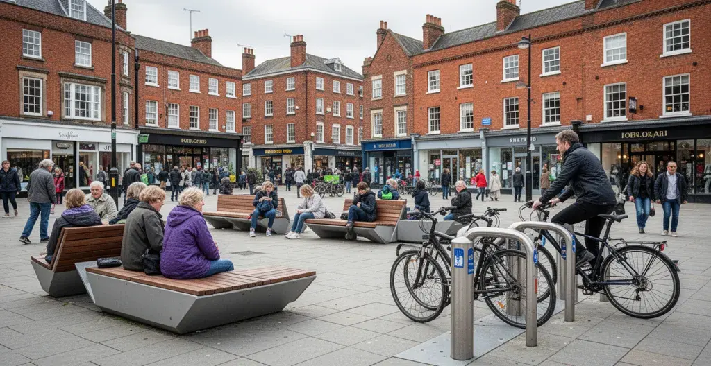Urban furniture transforms public spaces in busy UK town centre with benches and cycle stands in active use