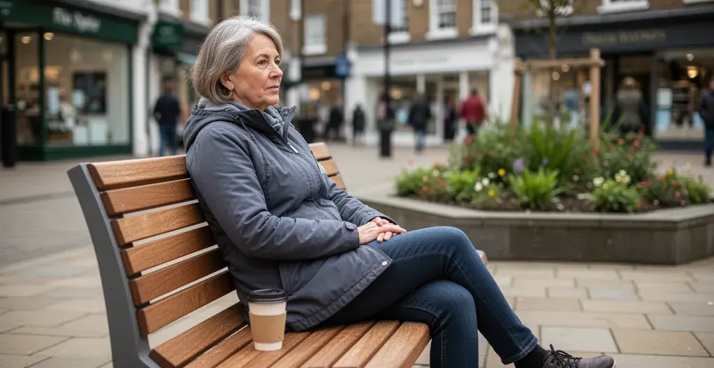 Person using street furniture bench comfortably in UK market town public space
