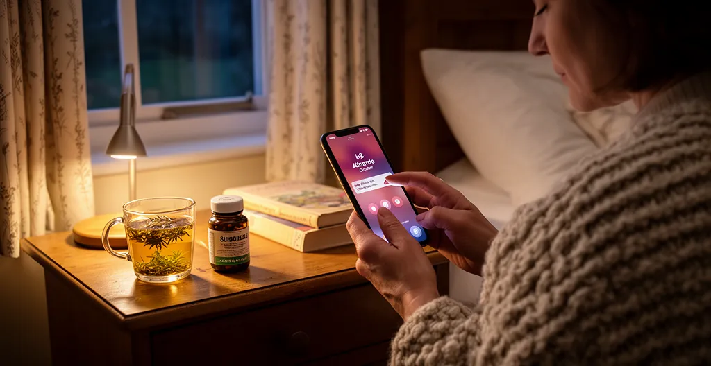 Person setting evening alarm with herbal tea and supplements on bedside table