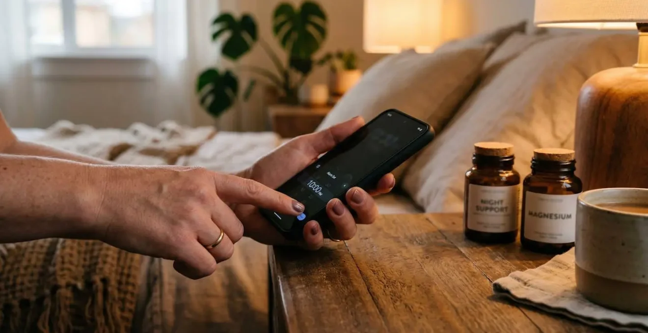 Hands setting an alarm on a smartphone with supplement bottles visible in soft focus nearby on a wooden surface