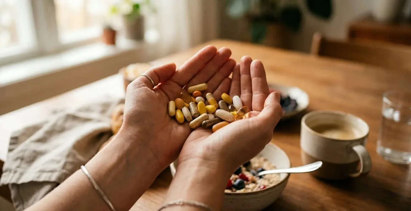 Close-up of hands holding various supplement capsules and tablets over a wooden dining table with breakfast items visible in soft focus