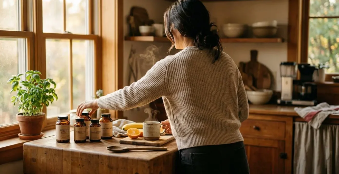 A person photographed from behind reaches for glass supplement bottles on a sunlit kitchen counter, warm morning light streaming through a window