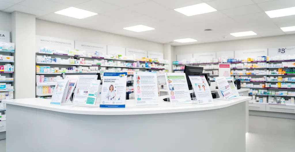 Pharmacist consultation area with supplement information materials