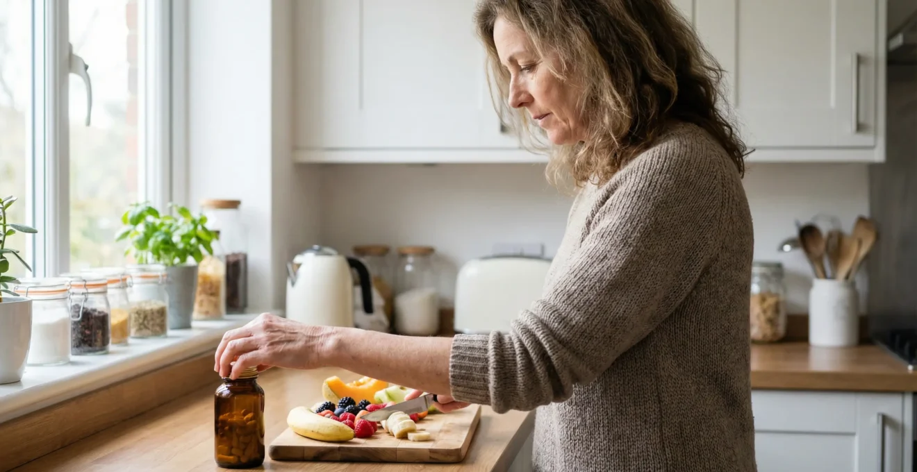 Woman preparing breakfast with fruit and vitamin bottle in kitchen