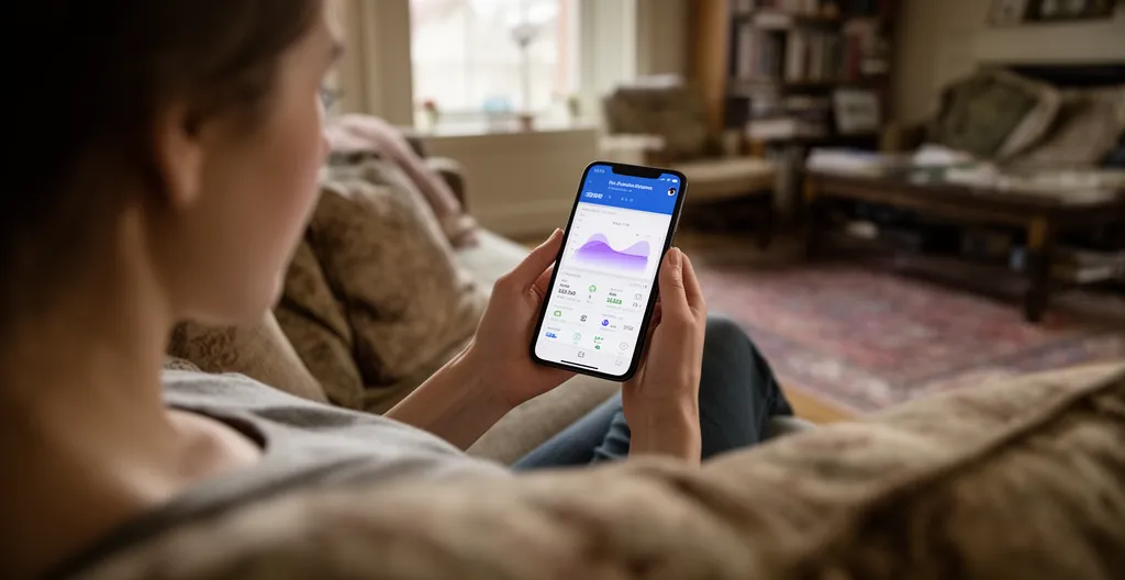 Woman checking sleep tracking app on smartphone while relaxing on sofa