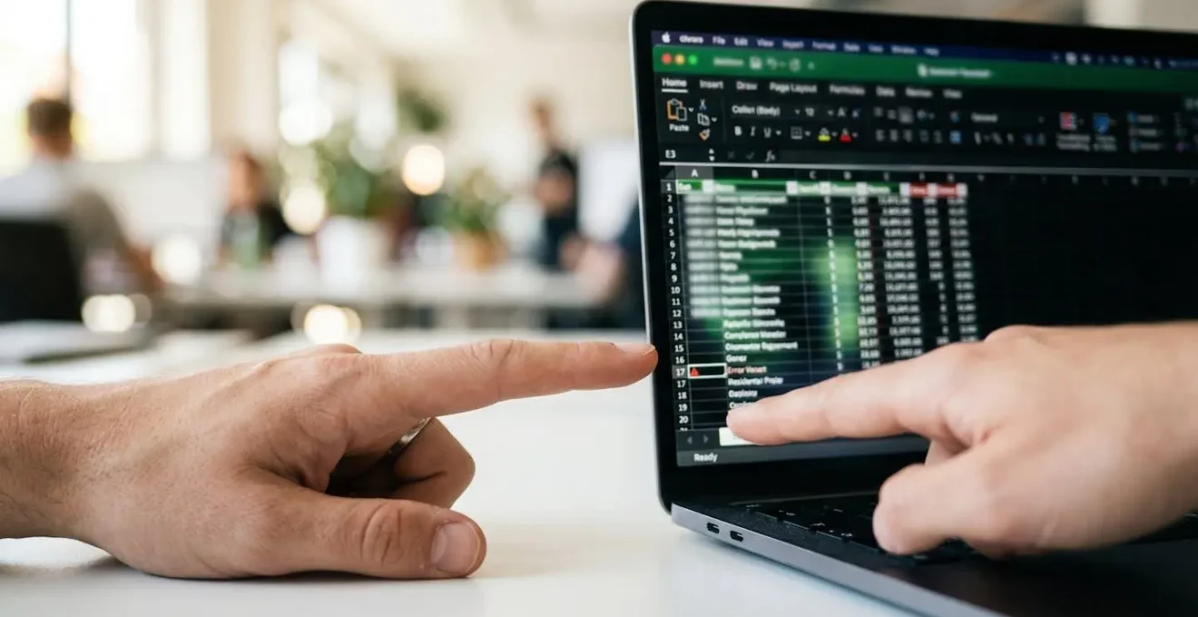 Extreme close-up of a hand pointing at a specific row in a data spreadsheet on a laptop screen