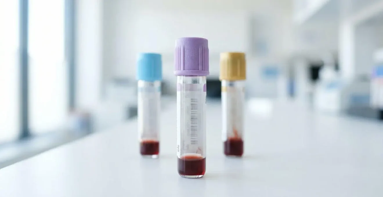 Extreme close-up of multiple blood test vials with coloured caps arranged on a clean white medical surface, shallow depth of field with soft bokeh background