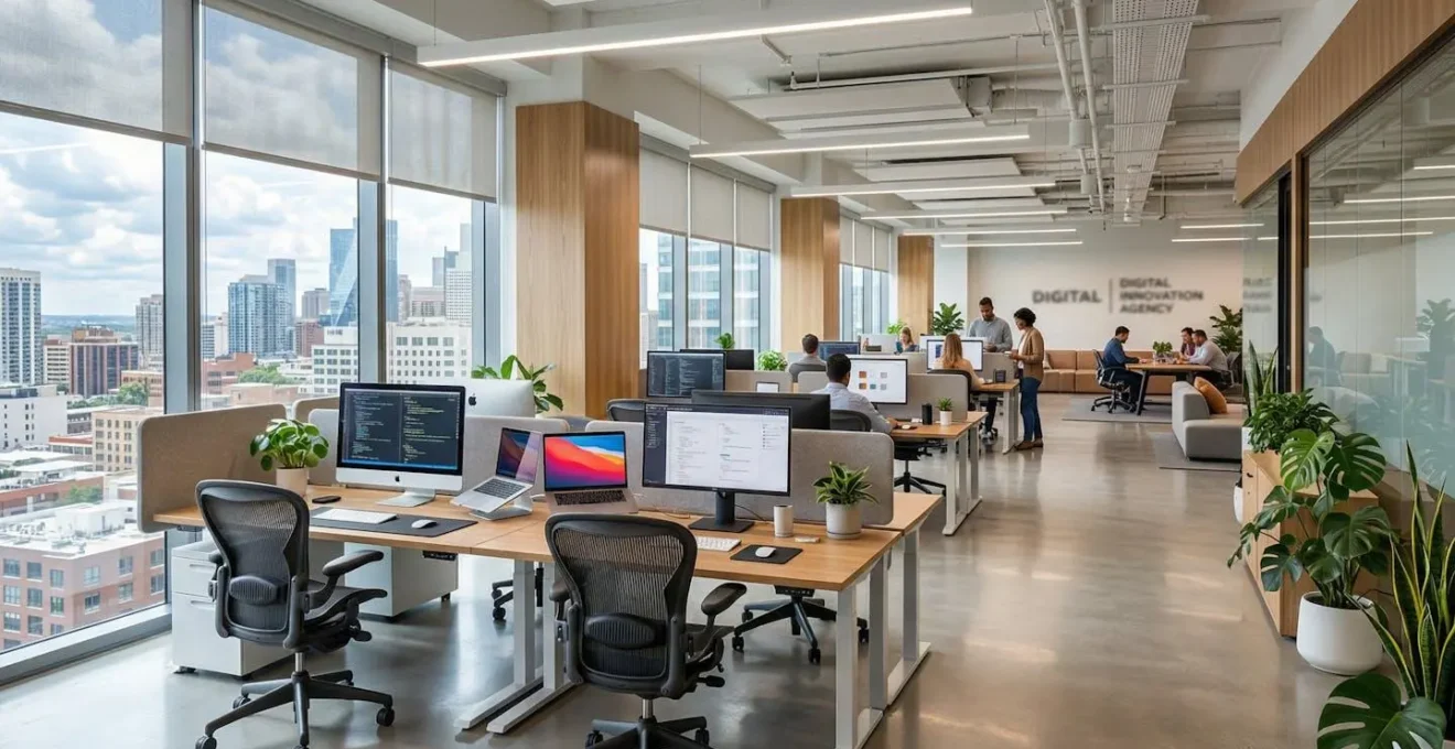 Wide angle view of a contemporary open-plan office with multiple workstations and natural light from large windows