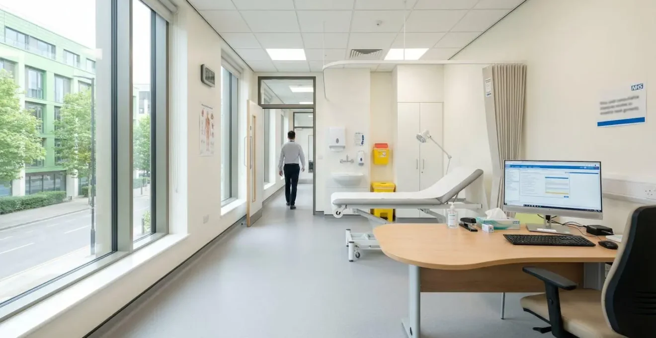 Wide angle view of a clean, contemporary UK GP consultation room with examination bed, desk, and large windows letting in abundant natural daylight, empty room or distant figure in background