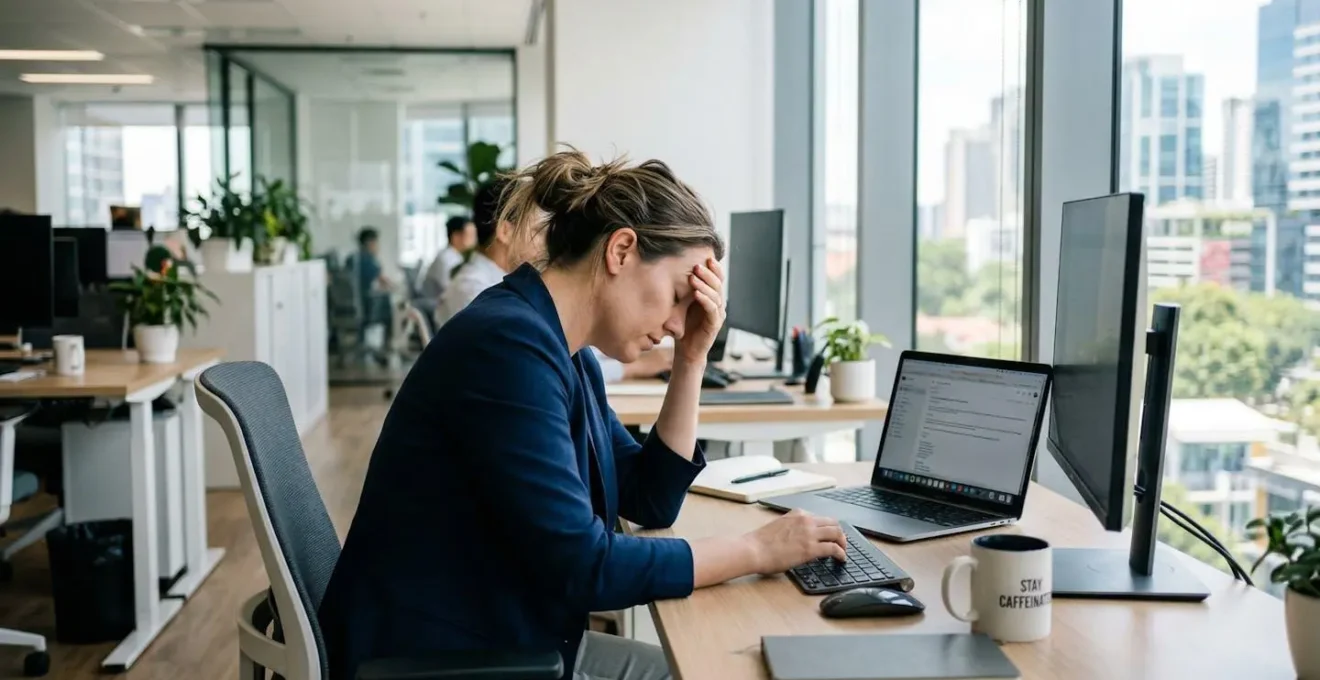 A woman sits at a modern office desk with her hand pressed against her forehead, eyes closed, showing visible tiredness while working on her laptop, photographed from a side angle in natural window light