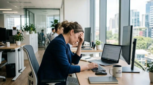 A woman sits at a modern office desk with her hand pressed against her forehead, eyes closed, showing visible tiredness while working on her laptop, photographed from a side angle in natural window light