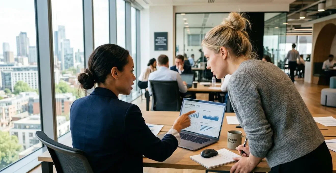 Two marketing professionals collaborating over a laptop displaying analytics data in a bright modern office